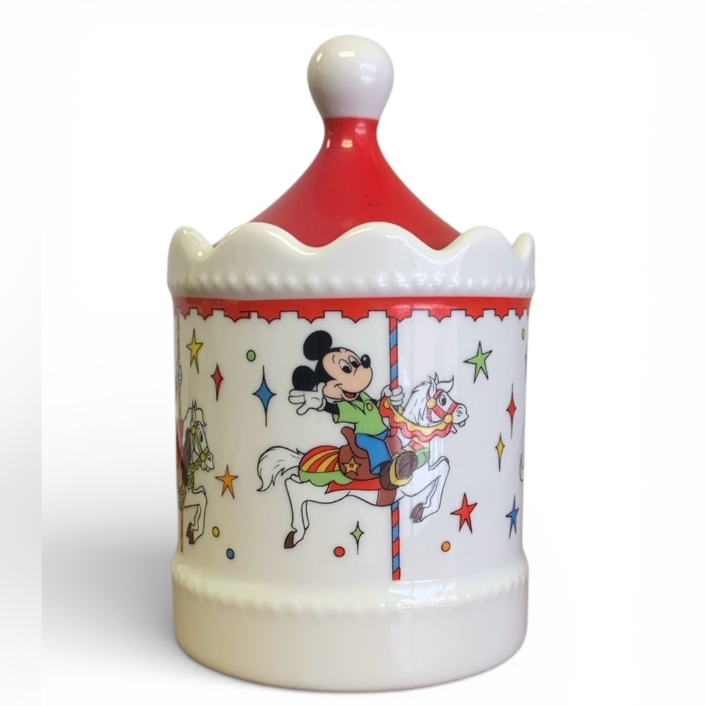 Vintage Disneyland Carousel Minnie Mickey Donald Goofy Jar Trinket MadeinJapan